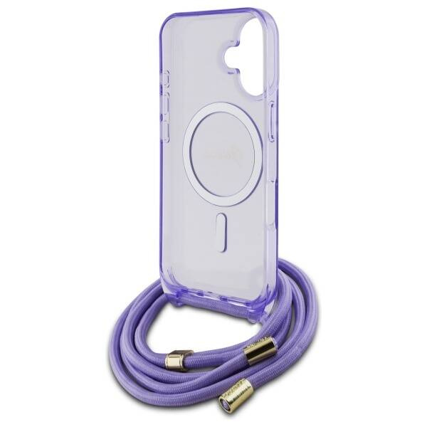 Etui Guess iPhone 16 fioletowy/purple hardcase Crossbody Cord Script MagSafe