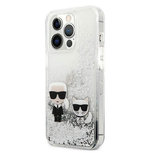 Etui KARL LAGERFELD Apple iPhone 13 Pro Max Liquid Glitter Karl&Choupette Srebrny Hardcase