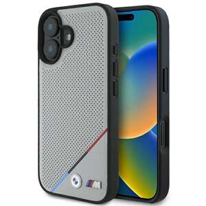 Etui BMW iPhone 16 6.1" szary/grey hardcase M Perforated Tricolor Line MagSafe