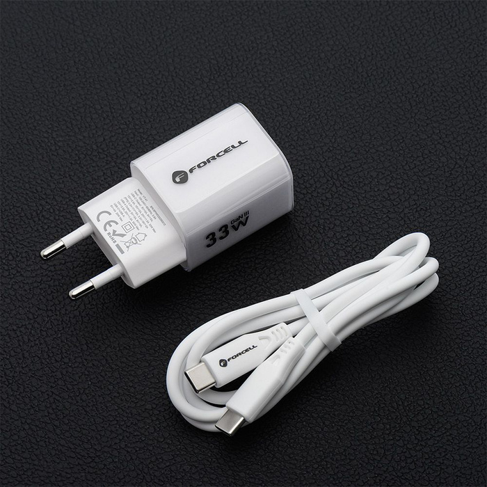 Ładowarka sieciowa do telefonu Forcell F-Energy GaN III Crystal Color USB C + USB A QC4.0 PD 33W + kabel USB C do USB C VT-41 biała 0INT
