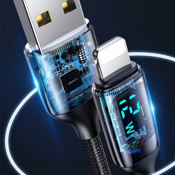 USAMS Kabel pleciony U78 lightning 1.2m LED 2.4A Fast Charging czarny/black SJ543USB01 (US-SJ543)