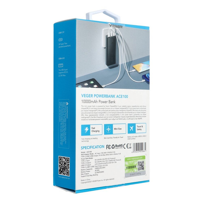 VEGER powerbank 10000 mAh PD QC3.0 20W ACE100 (W1146) czarny.