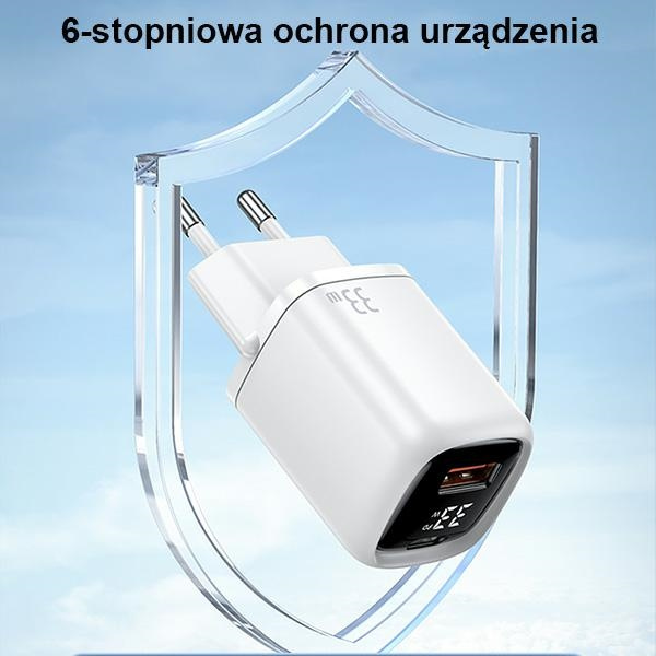USAMS Ład. siec. 1xUSB-C+1xUSB T46 33W PD3.0 +QC3.0 Fast Charging +kabel U63 USB-C/Lightning biały/white