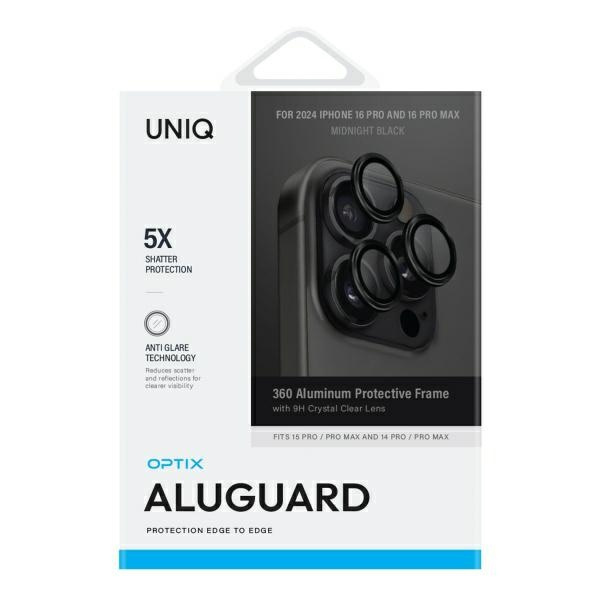 Szkło Hartowane UNIQ Optix Aluminium Camera Lens Protector iPhone 16 Pro 6.3" / 16 Pro Max 6.9" midnight black szkło na obiektyw aparatu z aplikatorem