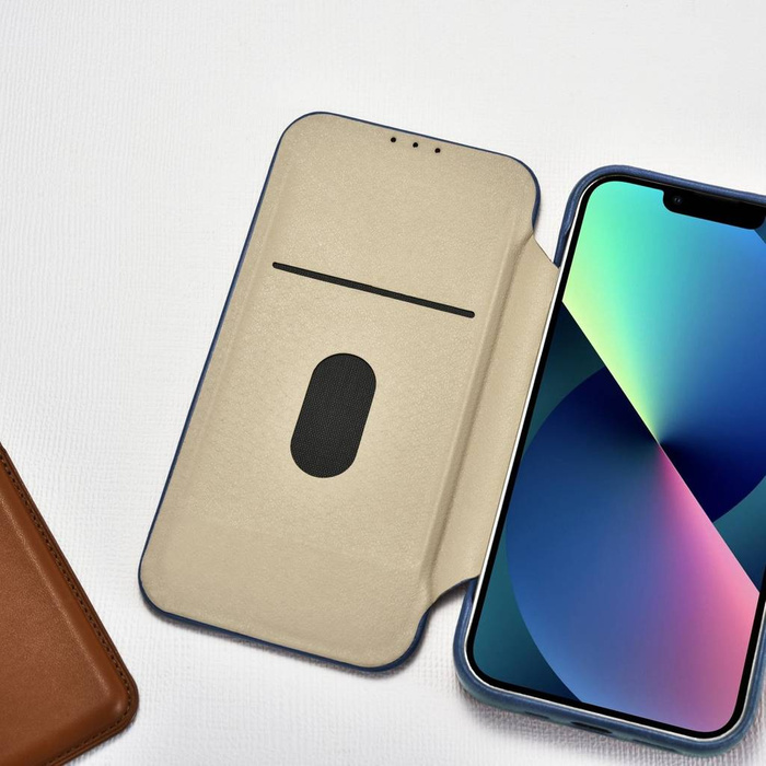 iCarer CE Oil Wax Premium Leather Folio Case skórzane etui iPhone 14 Plus z klapką magnetyczne MagSafe niebieski (AKI14220707-BU)