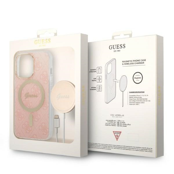 Zestaw Etui Guess Case+ Charger iPhone 13 Pro Max różowy/pink hard case 4G Print MagSafe