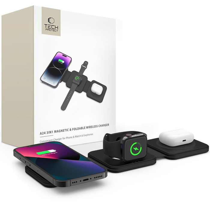 ŁADOWARKA TECH-PROTECT QI15W-A24 3IN1 MAGNETIC MAGSAFE WIRELESS CHARGER BLACK