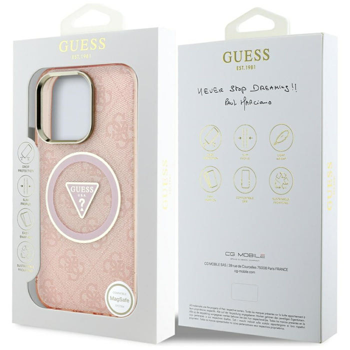 Etui Guess IML Metal Glitter 4G Circle   Triangle MagSafe do iPhone 16 Pro różowy