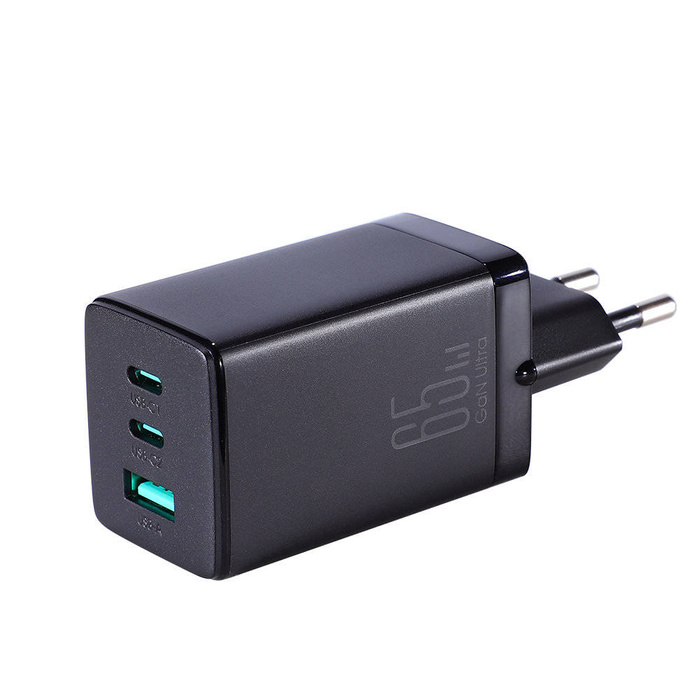 Joyroom szybka ładowarka GaN 65W USB, 2x USB C czarna + kabel USB C - USB C 100W 1.2m (TCG01)