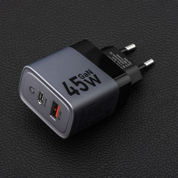Ładowarka sieciowa do telefonu Forcell F-Energy GaN USB C + USB A QC4.0 PD 4A 45W VT-39 szara