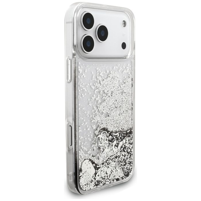 Etui Guess Liq. Glitter Charms do iPhone 17 Pro srebrny