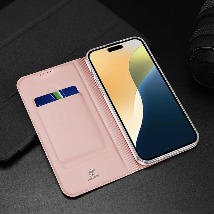 Etui Dux Ducis Skin Pro na iPhone 16 z klapką i miejscem na kartę - różowe