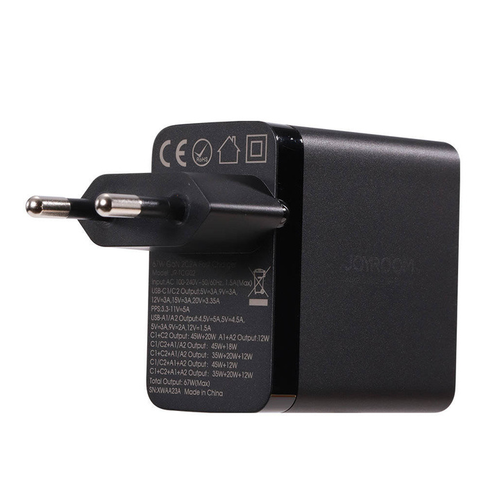 Joyroom ładowarka GaN 67W 4 porty (2x USB, 2x USB C) czarna (TCG02) + kabel USB C – USB C 100W 1.2m
