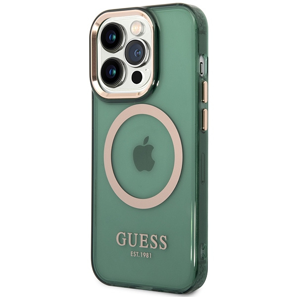 Etui Guess GUHMP14LHTCMA iPhone 14 Pro 6.1" zielony/khaki hard case Gold Outline Translucent MagSafe Case