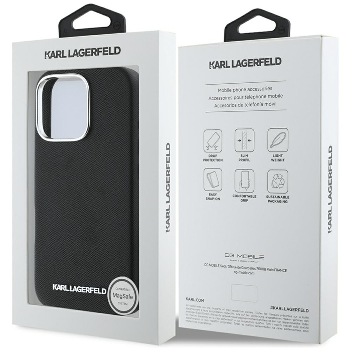 Etui Karl Lagerfeld Saffiano Full         Wrapped Elongated Metal Logo MagSafe do iPhone 16 Pro czarny