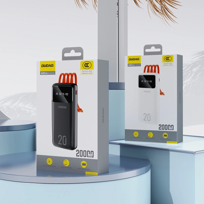 Dudao pojemny powerbank z 3 wbudowanymi kablami 20000mAh USB Typ C + micro USB + Lightning czarny (Dudao K6Pro+)
