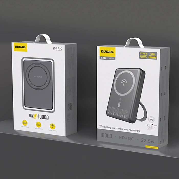 Powerbank Dudao K28 10000mAh PD 22.5W z MagSafe z metalową obudową i pierścieniem-podstawką - szary