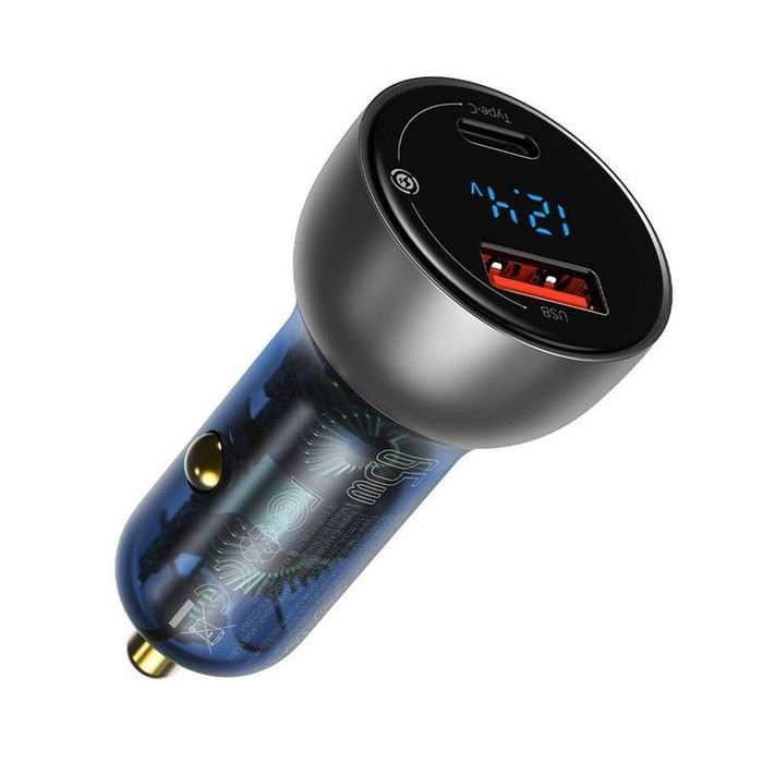 Baseus ładowarka samochodowa USB / USB Typ C 65 W 5 A SCP Quick Charge 4.0+ Power Delivery 3.0 ekran LCD szary (CCKX-C0G)