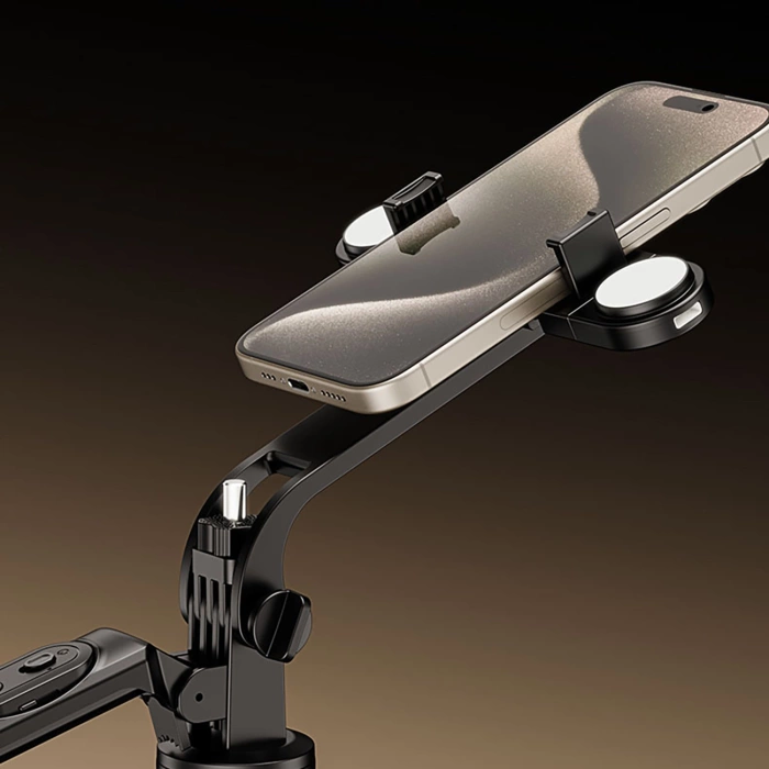 Selfie stick teleskopowy statyw Wozinsky 1.75m Stop aluminium z podwójną lampą i uchwytem na telefon Czarny