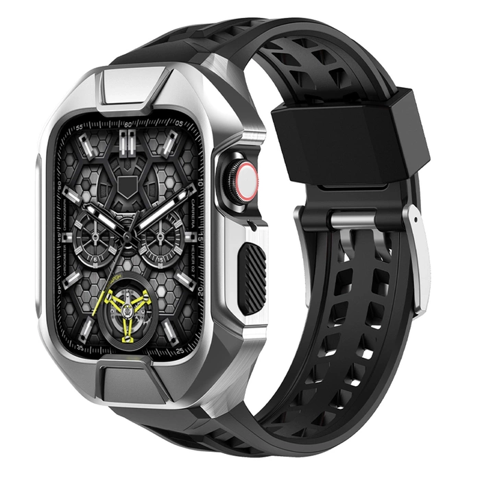[PO ZWROCIE] Kingxbar CYF136 2w1 pancerne etui Apple Watch SE, 6, 5, 4 (44 mm) ze stali nierdzewnej z paskiem srebrne
