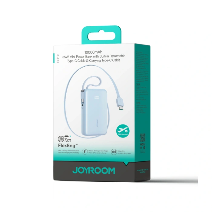 Powerbank Joyroom JR-PR2L 10000mAh 35W z wbudowanym zwijanym kablem USB-C i kablem-smyczą USB-C - niebieski