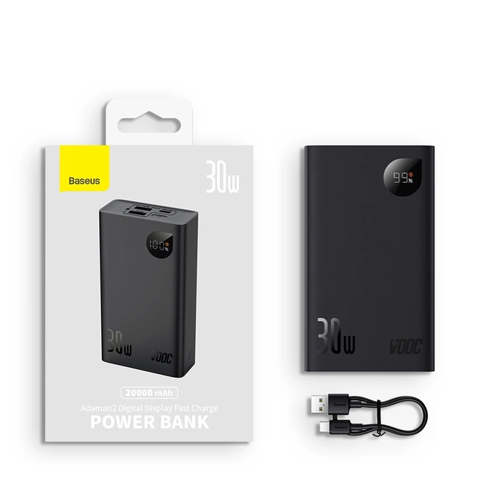 Baseus Adaman2 powerbank z wyświetlaczem cyfrowym 20000mAh 30W 2 x USB / 1x USB Typ C Power Delivery Quick Charge SCP, Oppo Super VOOC czarny (PPAD050101)