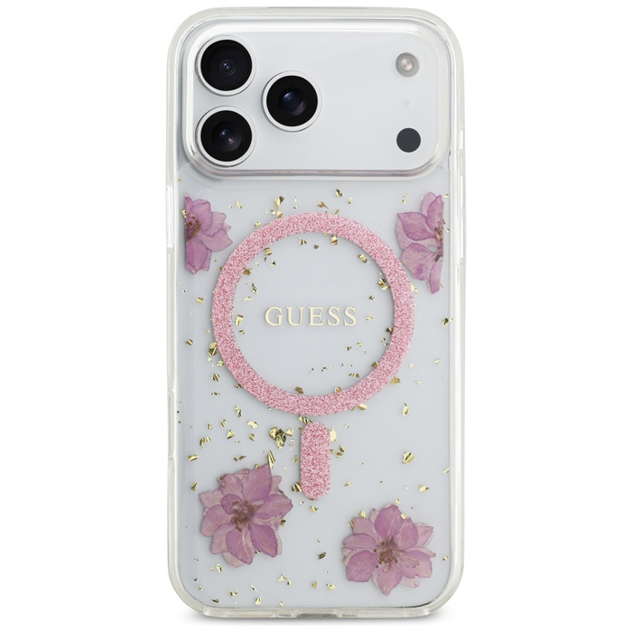 Etui Guess Resin Flowers Glitter MagSafe do iPhone 17 Pro Max różowy