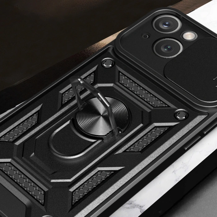 Pancerne etui Hybrid Armor Camshield z podstawką i osłoną aparatu do iPhone 15 - niebieskie