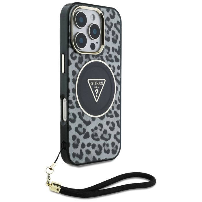Etui Guess HC IML Leopard Triangle Cord   Strap do iPhone 16 Pro Max MagSafe czarny