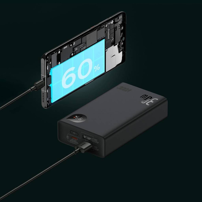 Baseus Adaman2 powerbank z wyświetlaczem cyfrowym 20000mAh 30W 2 x USB / 1x USB Typ C Power Delivery Quick Charge SCP, Oppo Super VOOC czarny (PPAD050101)
