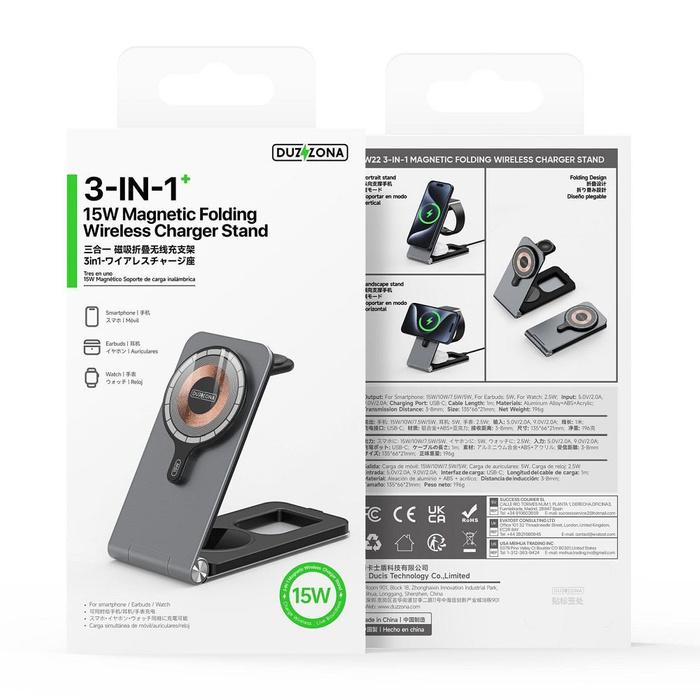 Ładowarka indukcyjna Duzzona W22 aluminiowa 3w1 zgodna z MagSafe 15W składana czarna