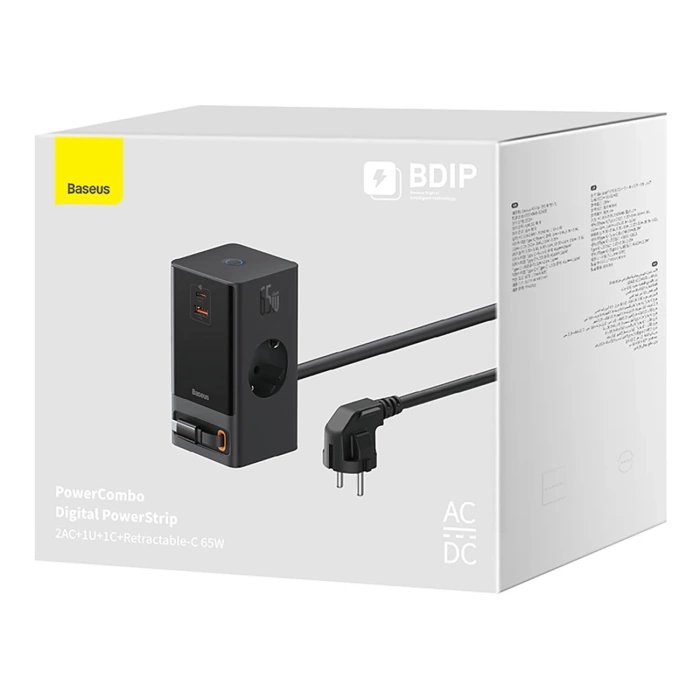 Stacja łądująca Baseus PowerCombo 65W 1.5m 2 x EU + USB-A + USB-C + zwijany kabel USB-C - czarna