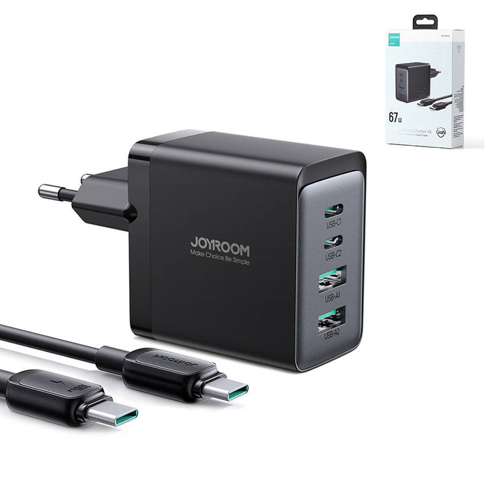 Joyroom ładowarka GaN 67W 4 porty (2x USB, 2x USB C) czarna (TCG02) + kabel USB C – USB C 100W 1.2m