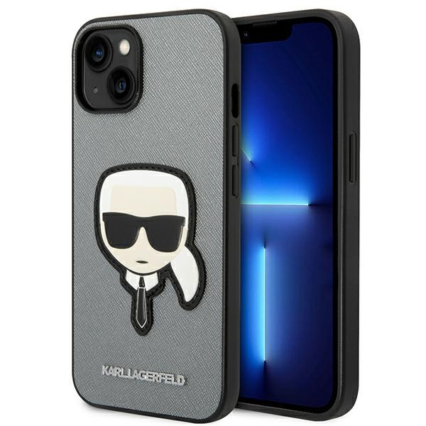 Etui KARL LAGERFELD Apple iPhone 14 Saffiano Karl`s Head Patch Srebrny Hardcase