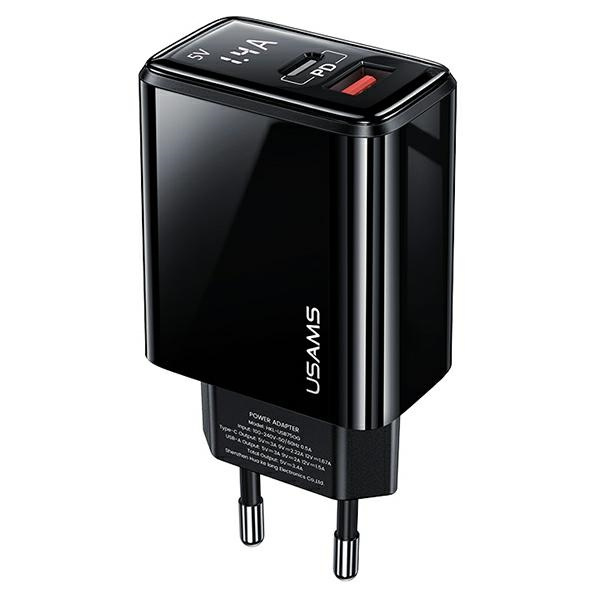 Ładowarka Sieciowa USAMS 1xUSB-C 1xUSB-A T40 20W LED PD3.0 QuickCharge3.0 Fast Charging Czarny