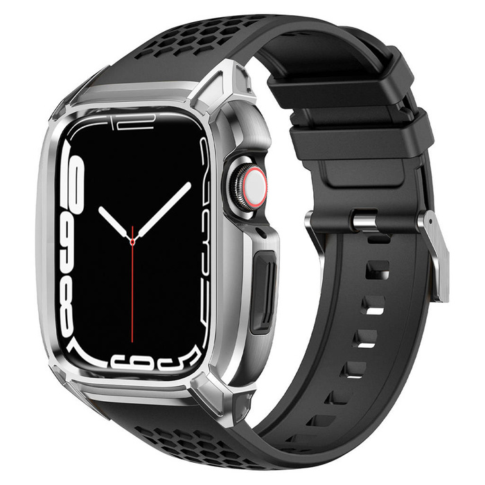 Pasek Kingxbar CYF148 2w1 pasek Apple Watch Ultra, SE, 8, 7, 6, 5, 4, 3, 2, 1 (49, 45, 44, 42  mm) z wbudowanym pancernym etui ze stali nierdzewnej srebrny