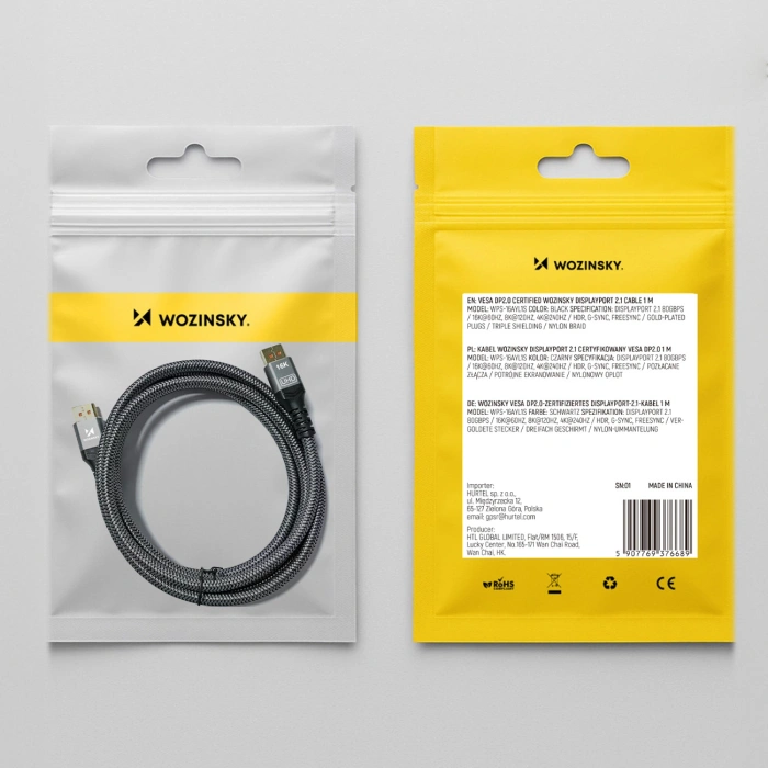Kabel Wozinsky WPS-16AYL2S DisplayPort 2.1 Certyfikowany VESA 80 Gb/s 16K@60Hz 8K@120Hz 4K@240Hz HDR HDCP DSC 2m - czarny