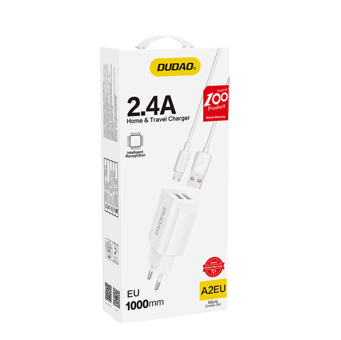 Dudao ładowarka sieciowa EU 2x USB 5V/2.4A + kabel micro USB biały (A2EU + Micro white)