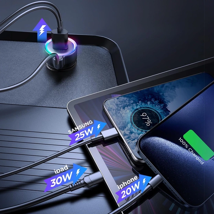 [PO ZWROCIE] Joyroom szybka ładowarka samochodowa 3 w 1 z kablem USB Typ C 1,6m 60W czarny (JR-CL07)