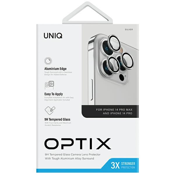 UNIQ Optix Aluminium Camera Lens Protector iPhone 14 Pro 6.1" / 14 Pro Max 6.7" sterling silver szkło na obiektyw aparatu z aplikatorem