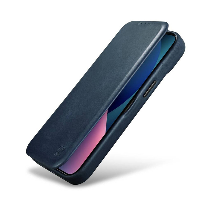 iCarer CE Oil Wax Premium Leather Folio Case skórzane etui iPhone 14 z klapką magnetyczne MagSafe niebieski (AKI14220705-BU)