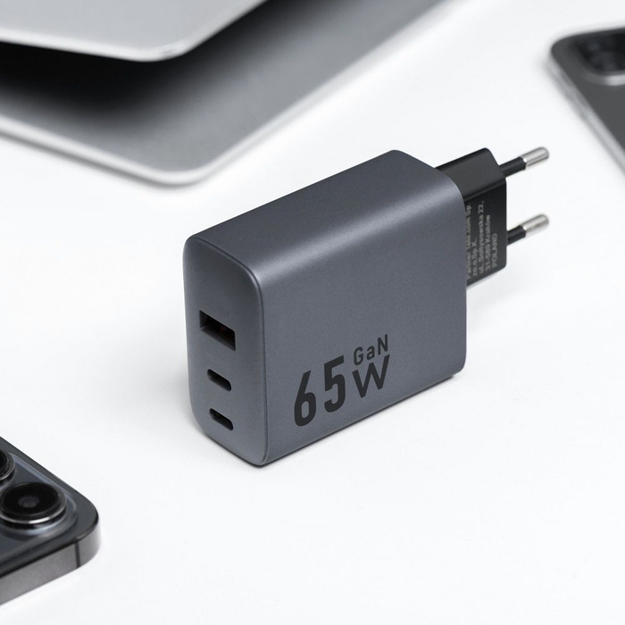 Ładowarka sieciowa do telefonu Forcell F-Energy GaN 2 x USB C + USB A QC4.0 PD 4A 65W VT-42B szara