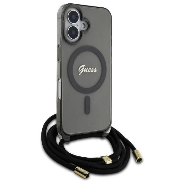 Etui Guess iPhone 16 6.1" czarny/black hardcase Crossbody Cord Script MagSafe