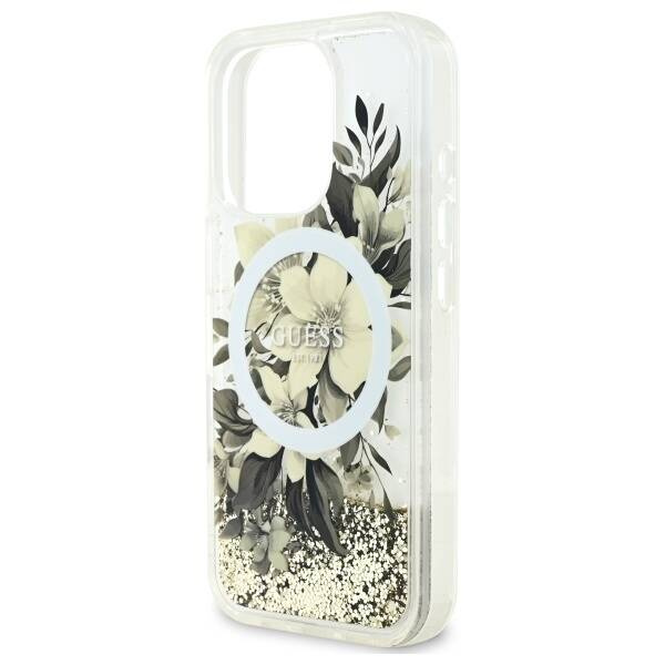 Etui Guess iPhone 16 Pro 6.3" beżowy/beige hardcase Liquid Glitter Flower MagSafe