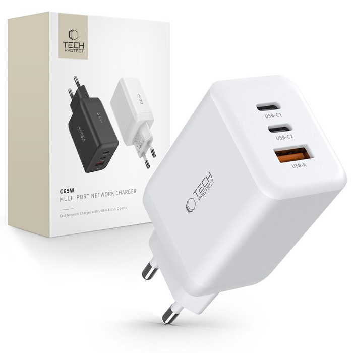 ŁADOWARKA TECH-PROTECT C65W 3-PORT NETWORK CHARGER PD65W/QC3.0 WHITE