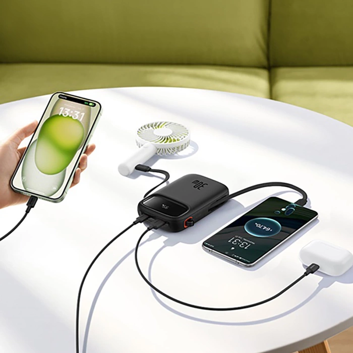 Powerbank Baseus QPow 2 30W 10000mAh z wbudowanymi kablami USB-C - czarny