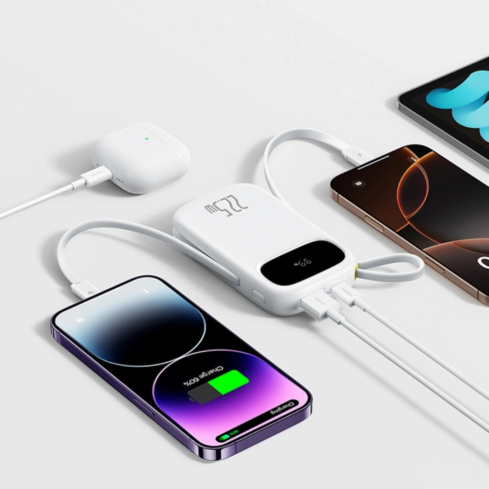 Powerbank Baseus EnerFill FC31 10000mAh 22.5W z wyświetlaczem cyfrowym z 2 wbudowanymi kablami - biały