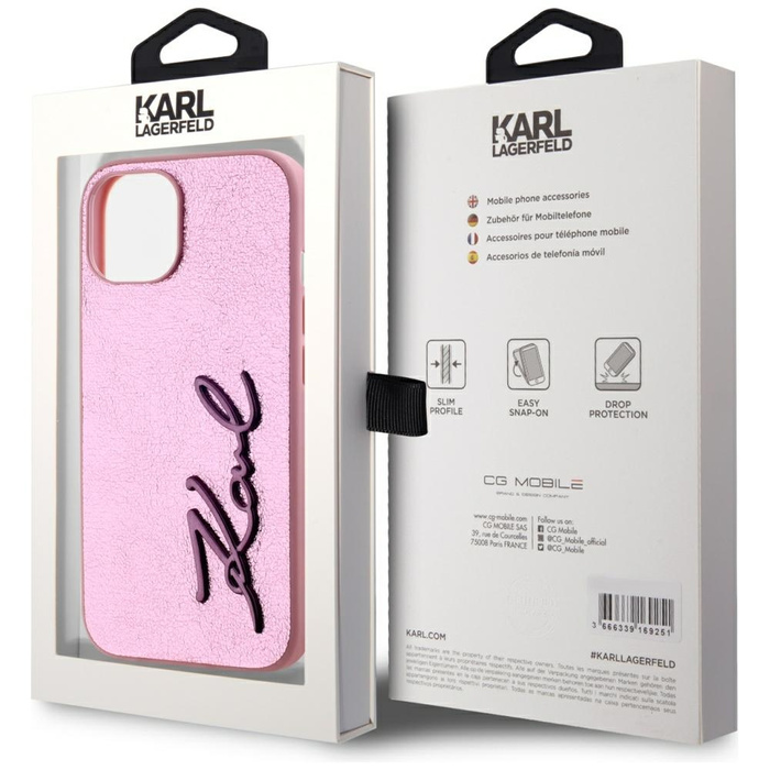 Etui Karl Lagerfeld Wrinkled Metal       Signature do iPhone 15 różowy