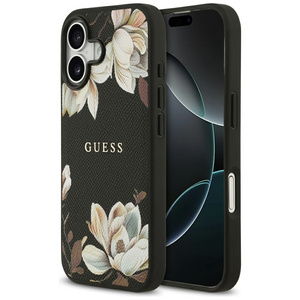 Etui Guess Grained Flowers Classic Logo MagSafe do iPhone 17 czarny