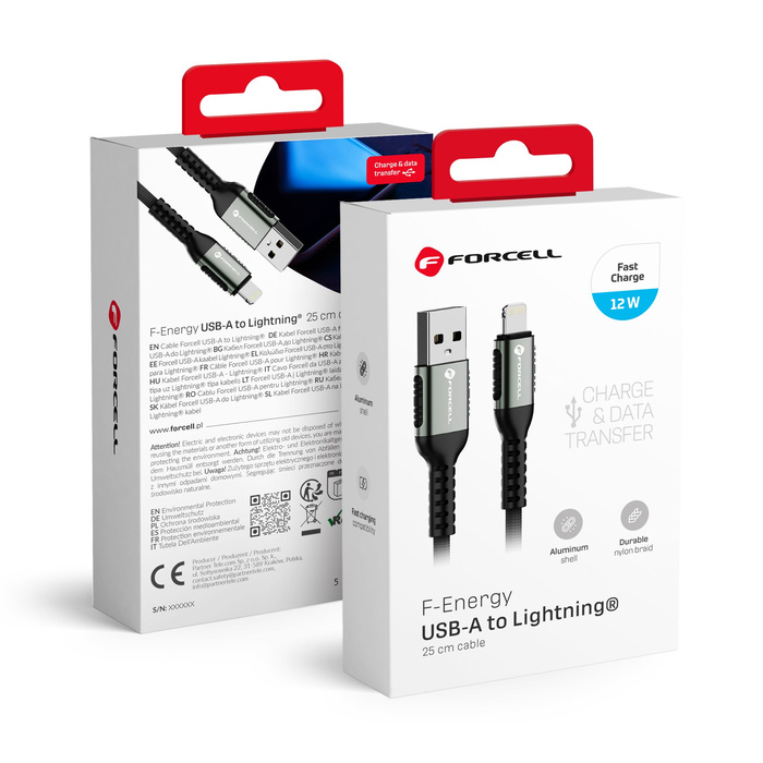 Kabel USB A do Lightning Forcell F-Energy 2,4A 12W Cafule 0,25 m C257 czarny